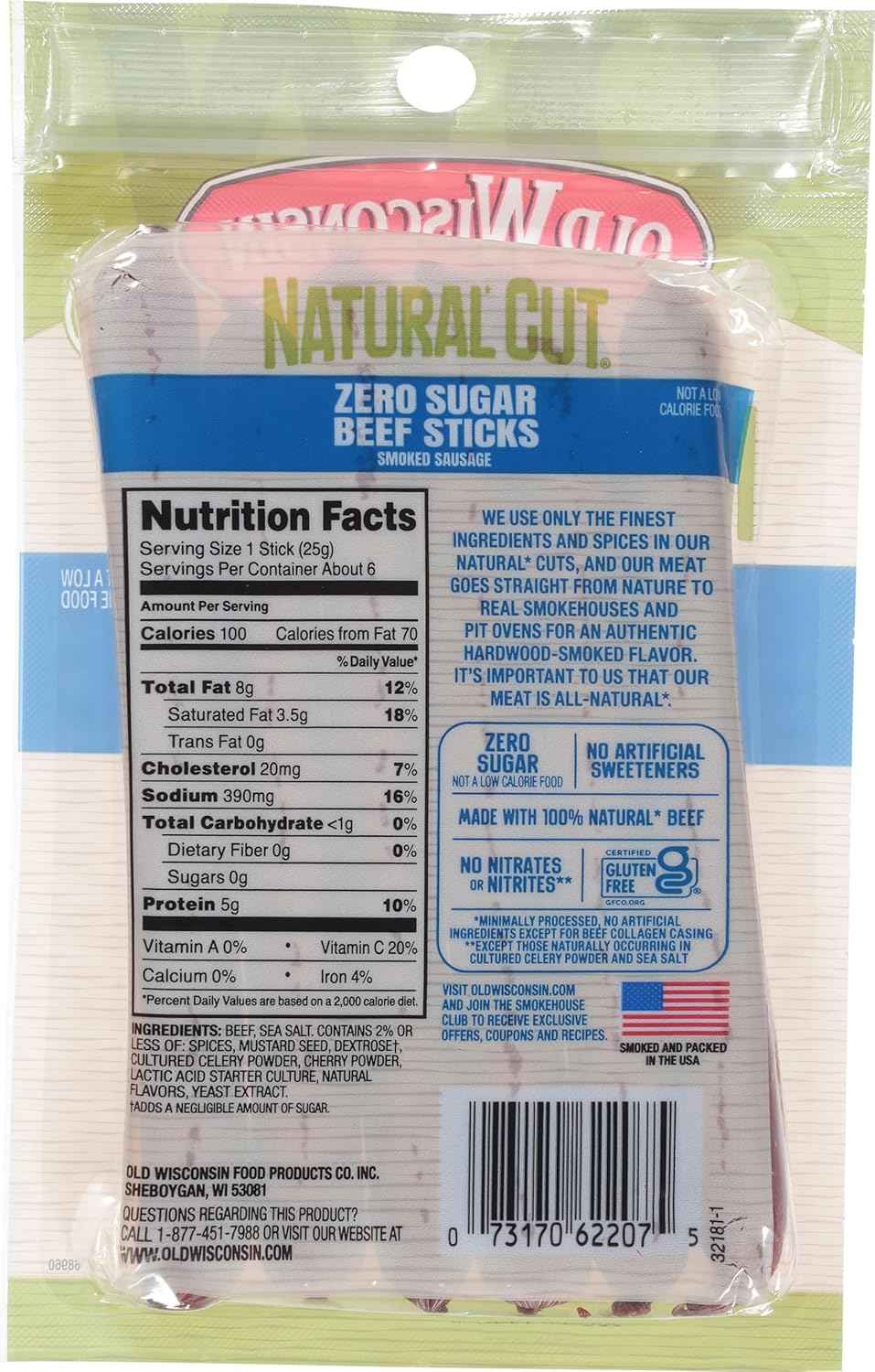 Old Wisconsin Natural Cut Beef Sausage Snack Sticks, Zero Sugar, Naturally Smoked, Ready to Eat, High Protein, Low Carb, Keto, Gluten Free, No Artificial Preservatives or Nitrates, 5 Ounce