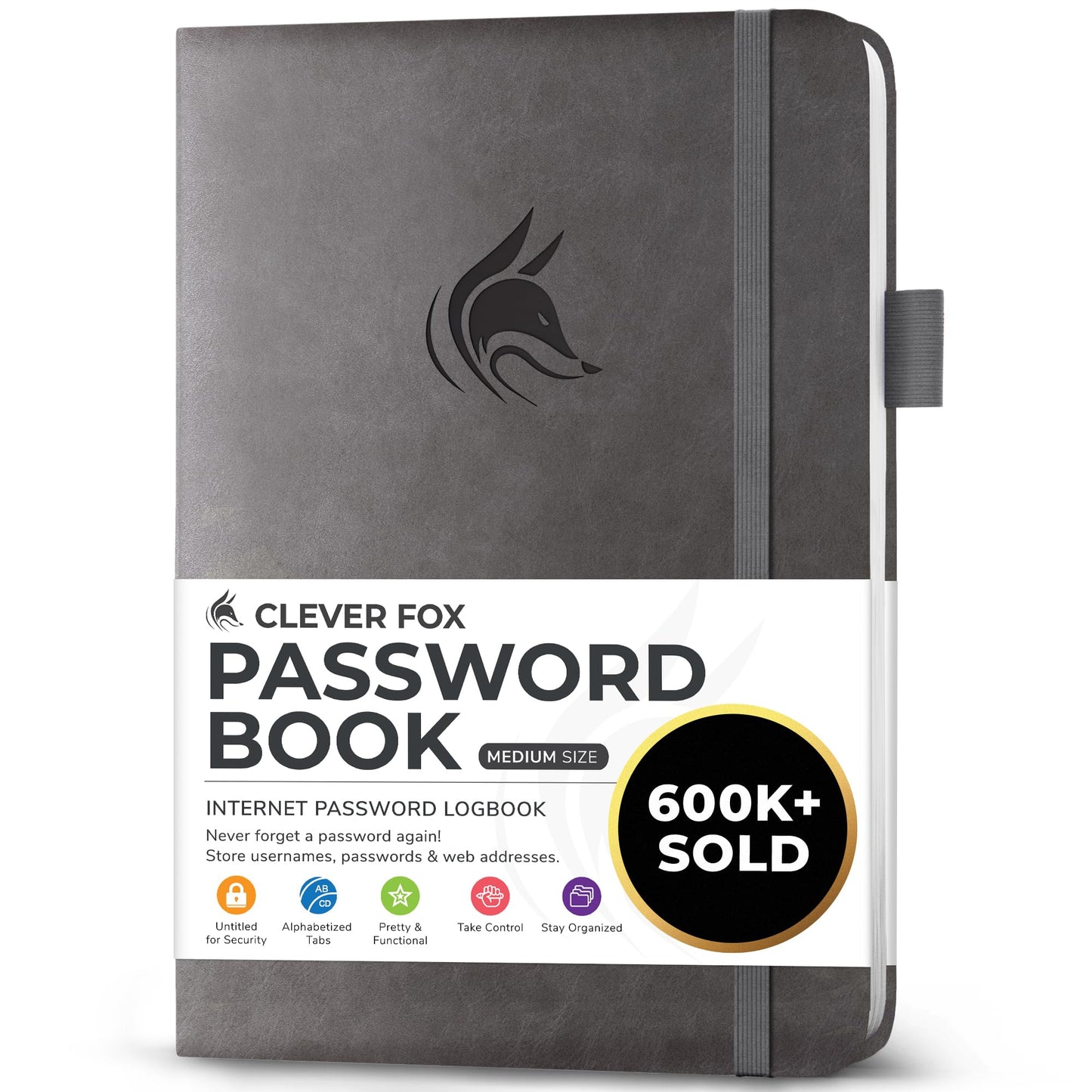 Clever Fox Password Book with alphabetical tabs. Internet Address Organizer Logbook. Medium Password Keeper for Website Logins (Gray)