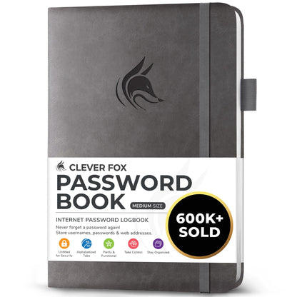 Clever Fox Password Book with alphabetical tabs. Internet Address Organizer Logbook. Medium Password Keeper for Website Logins (Gray)