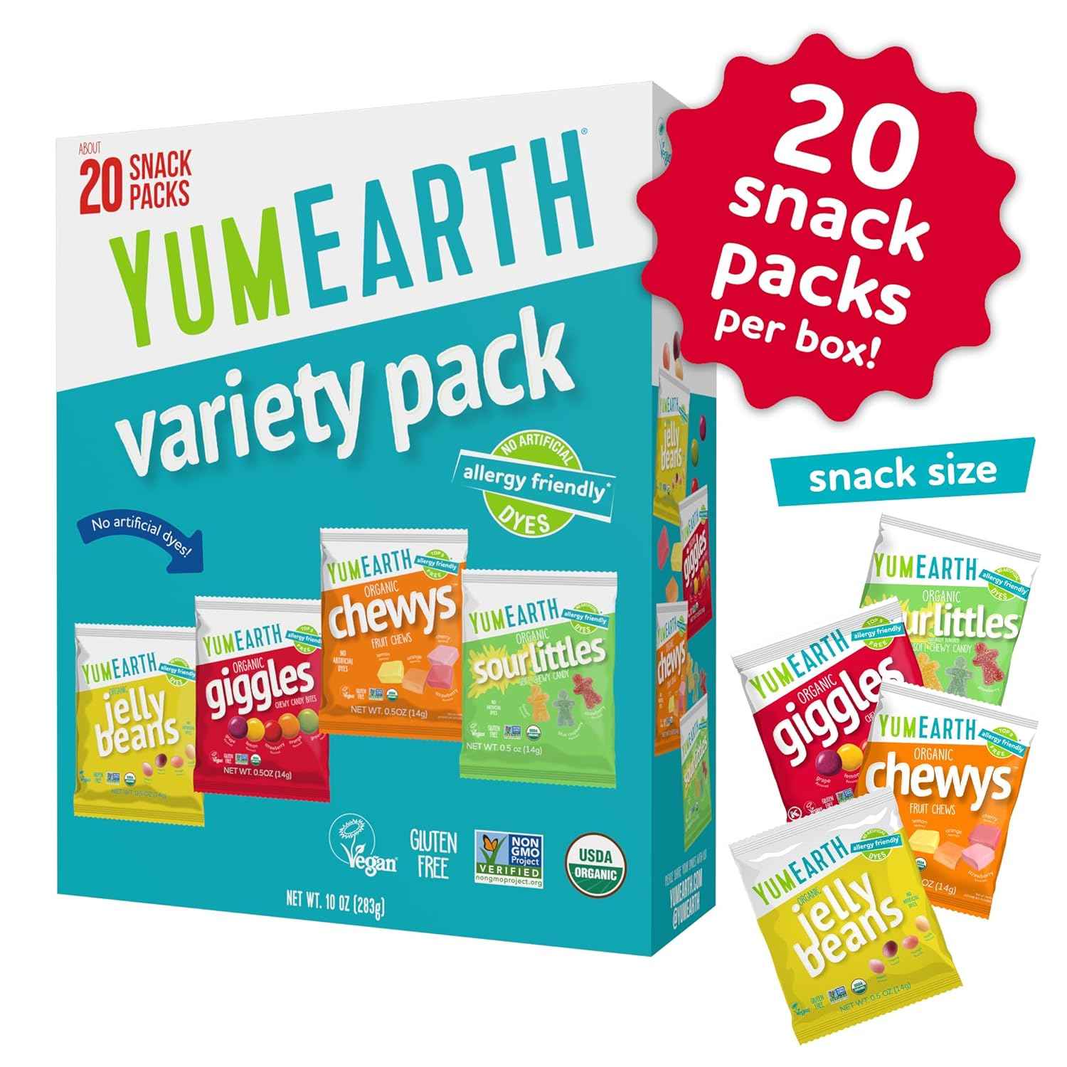 YumEarth Organic Variety Box - Jelly Beans, Giggles, Chewys, Sour Littles - Allergy Friendly (Top 9 Free), No Artificial Dyes, Non GMO, Gluten Free, Vegan -Individually Wrapped (Pack of 20)
