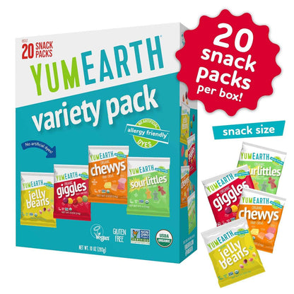 YumEarth Organic Variety Box - Jelly Beans, Giggles, Chewys, Sour Littles - Allergy Friendly (Top 9 Free), No Artificial Dyes, Non GMO, Gluten Free, Vegan -Individually Wrapped (Pack of 20)