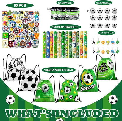 110Pcs Soccer Party Favors Drawstring Bags Soccer Goodie Bag with Mini Ball, Wristband, Slap bracelets, Keychains, Stickers for Soccer Party Supplies