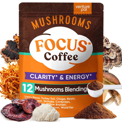 Venture Pal Mushroom Coffee 12 Adaptogenic Mushrooms, Lion’s Mane, Cordyceps, Turkey Tail, Reishi, Ashwagandha & Probiotics, Instant Coffee for Focus, Digestion & Immune Support