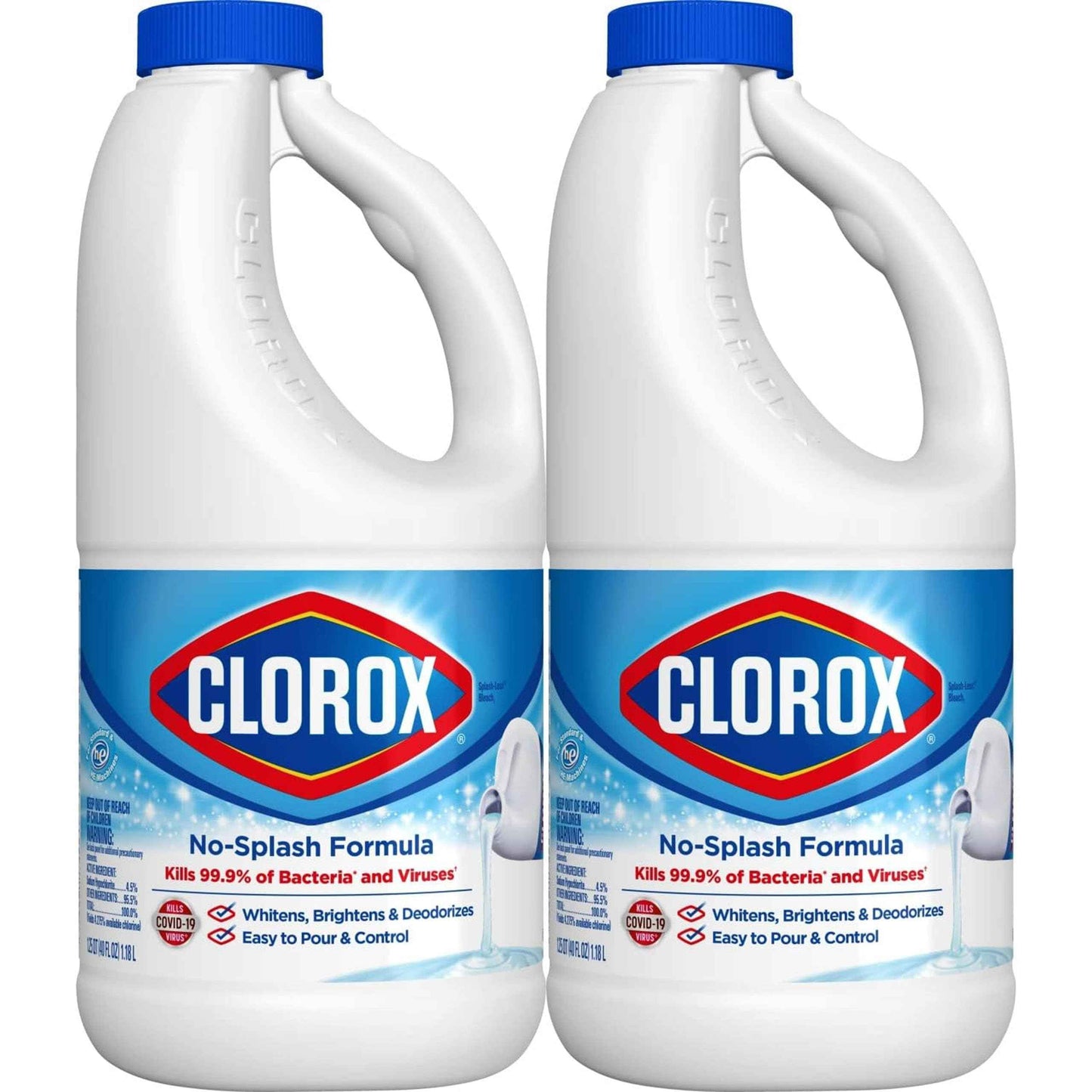 Clorox Splashless Disinfecting Bleach Cleaner, 2 Pack Regular Concentrated Liquid Bleach, Removes Mold, Mildew and Stains, Whitens, for Multi Purpose Cleaning and Laundry, 40 oz Bottles