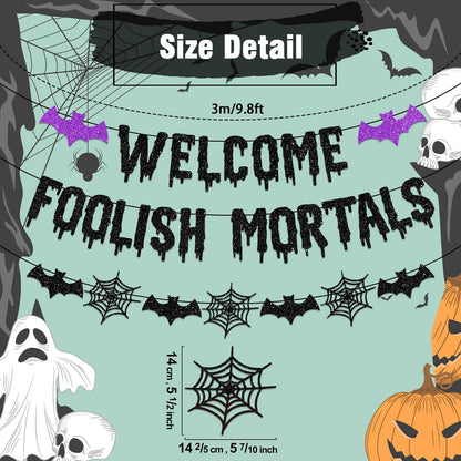 Welcome_Foolish_Mortals_Halloween_Banner_Decorations_Halloween_Haunted_Mansion_Banner_Wall_Decorations_with_Bat_and_Spider_for_Halloween_Party_Decorations