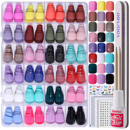 Teenitor Short Press On Nails with Glitter, 12 Sizes Square, Matte &amp;amp; Glossy Finish