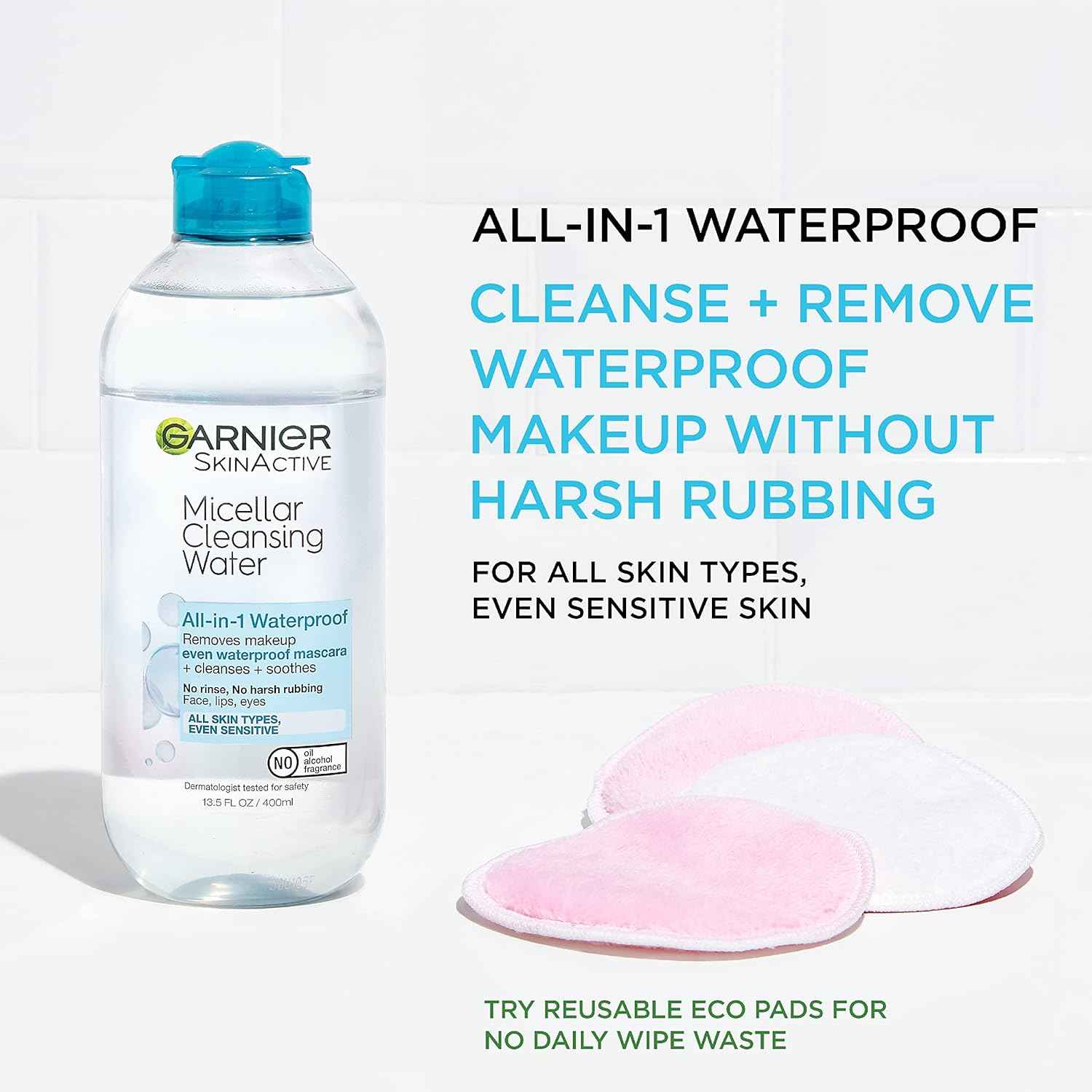 Garnier Micellar Water For Waterproof Makeup, Hydrating Facial Cleanser & Makeup Remover, Suitable for Sensitive Skin, Vegan, Cruelty Free