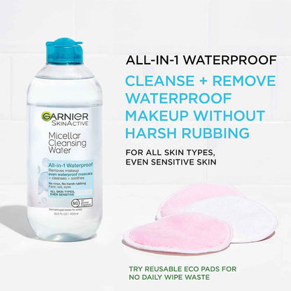 Garnier Micellar Water For Waterproof Makeup, Hydrating Facial Cleanser & Makeup Remover, Suitable for Sensitive Skin, Vegan, Cruelty Free