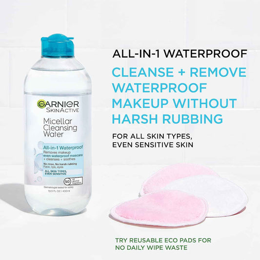 Garnier Micellar Water For Waterproof Makeup, Hydrating Facial Cleanser & Makeup Remover, Suitable for Sensitive Skin, Vegan, Cruelty Free