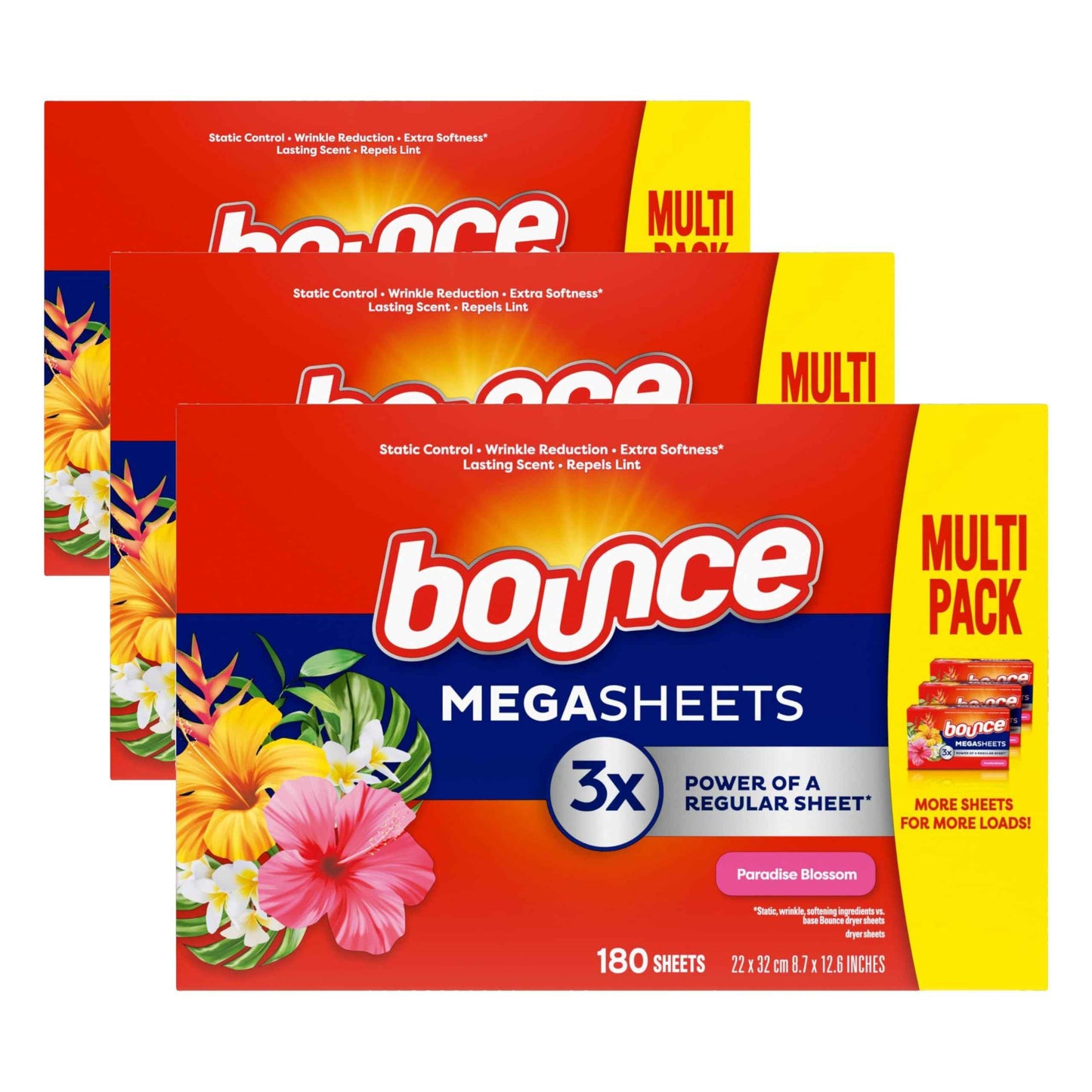 Bounce Mega Dryer Sheets, Paradise Blossom, Mega Fabric Softener Sheets with Static Control, Wrinkle Reduction, Extra Softness, Lasting Scent, Repels Lint
