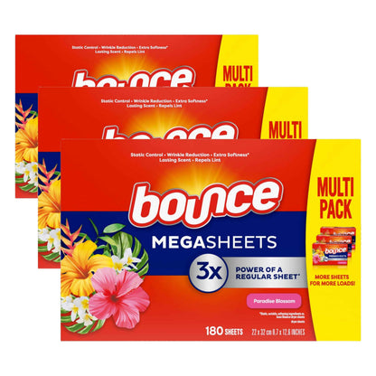 Bounce Mega Dryer Sheets, Paradise Blossom, Mega Fabric Softener Sheets with Static Control, Wrinkle Reduction, Extra Softness, Lasting Scent, Repels Lint