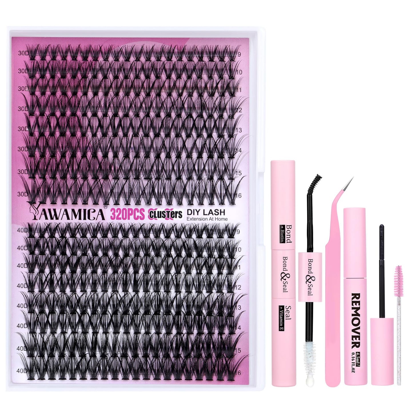 Yawamica DIY Lash Extension Kit 320pcs Individual Lashes Cluster, 9-16mm Mix 30D 40D Eyelash Clusters Wispy Lash Clusters Kit with Bond and Seal and Remover and Lash Applicator for Beginners