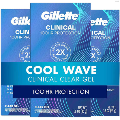 Gillette Clinical Antiperspirant and Deodorant for Men, 100HR Sweat & Odor Protection, Long Lasting Freshness, Anti-White Mark Technology, Clear Gel, Cool Wave Scent, 1.6 oz