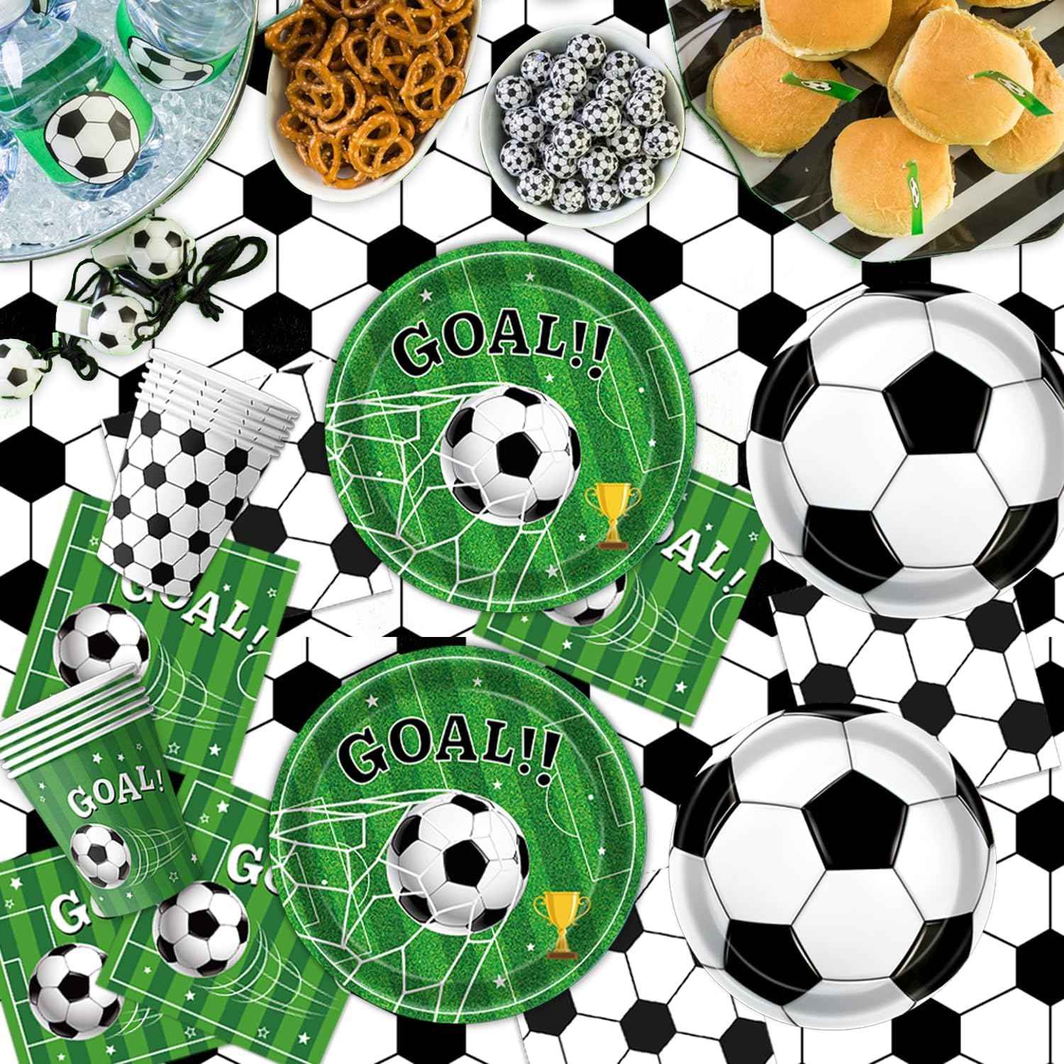 170 PCS Soccer Party Decorations, Soccer Birthday Party Decorations - Includes Plates, Napkins, Cups, Banner, Balloons, Tablecloth, Knives, Forks for Sports Soccer Theme Party Decorations, Serve 24