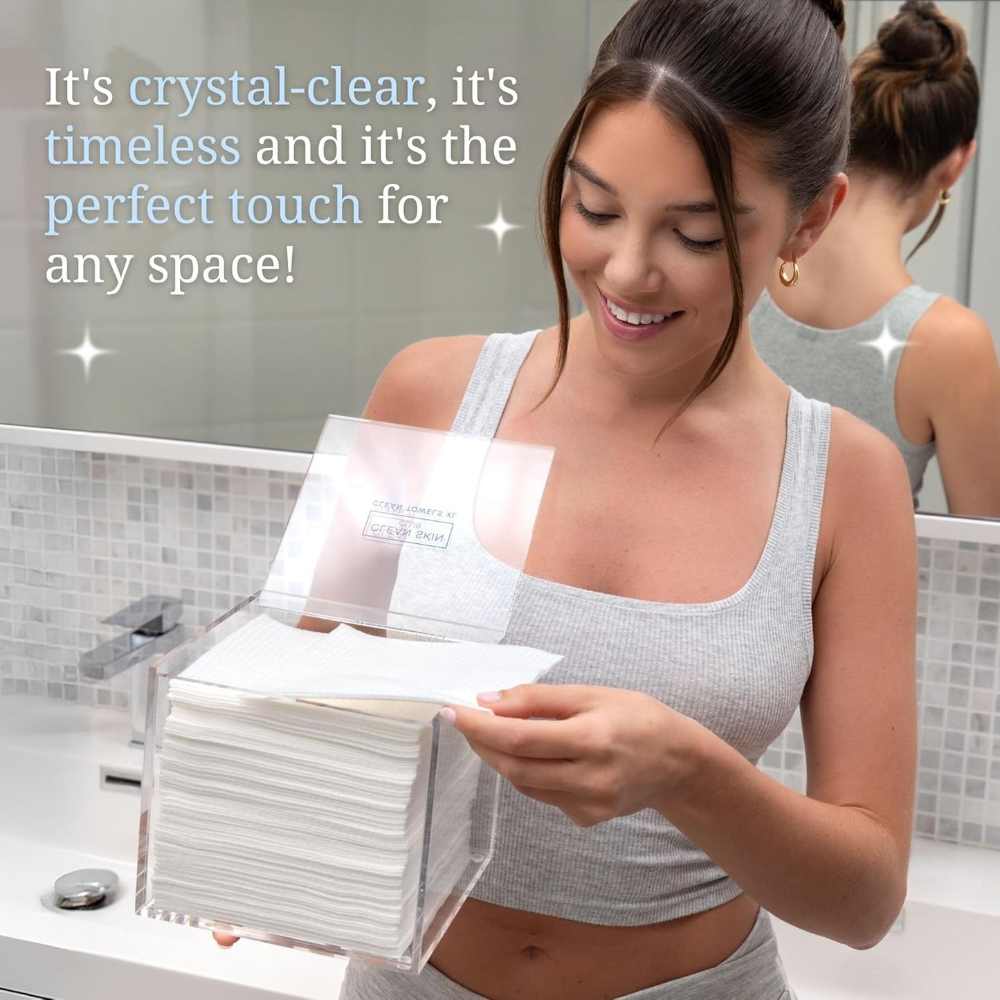 CLEAN_SKIN_CLUB_Clear_Acrylic_Box_for_Clean_Towels_XL_(NOT_Included),_Container_For_50_Disposable_Clean_Towels_XL,_Face_Towelettes_Bathroom_Counter_Storage,_Bin_for_Cleansing_Facial_Dry_Wipes