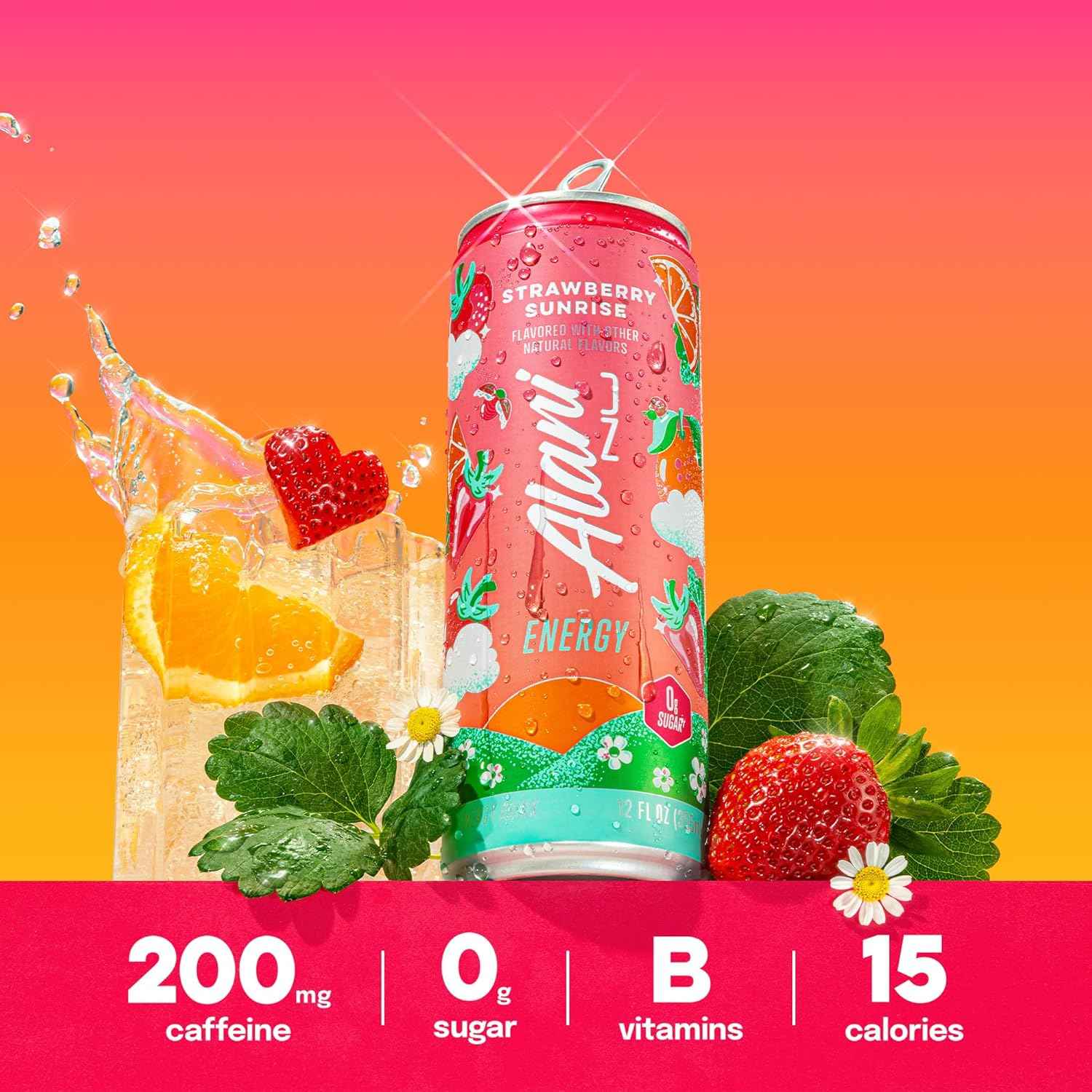 Alani Nu STRAWBERRY SUNRISE Sugar Free, Low Calorie Energy Drinks, 200mg Caffeine, Biotin B Vitamins, Zero Sugar, 10 Calories, 12 Fl Oz Cans, 12 Pack