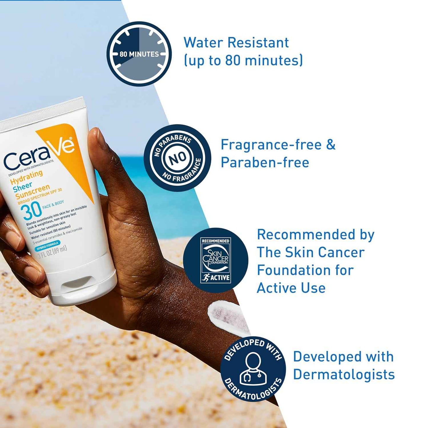 CeraVe Hydrating Sheer Sunscreen with SPF 30 for Face and Body, Mineral & Chemical Sunscreen for Men & Women with Zinc Oxide, Hyaluronic Acid and Ceramides, Paraben-Free + Fragrance-Free