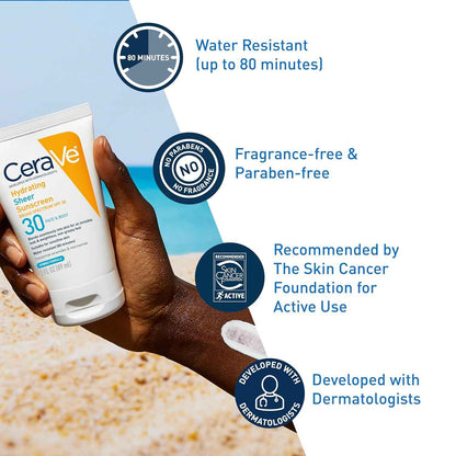 CeraVe Hydrating Sheer Sunscreen with SPF 30 for Face and Body, Mineral & Chemical Sunscreen for Men & Women with Zinc Oxide, Hyaluronic Acid and Ceramides, Paraben-Free + Fragrance-Free