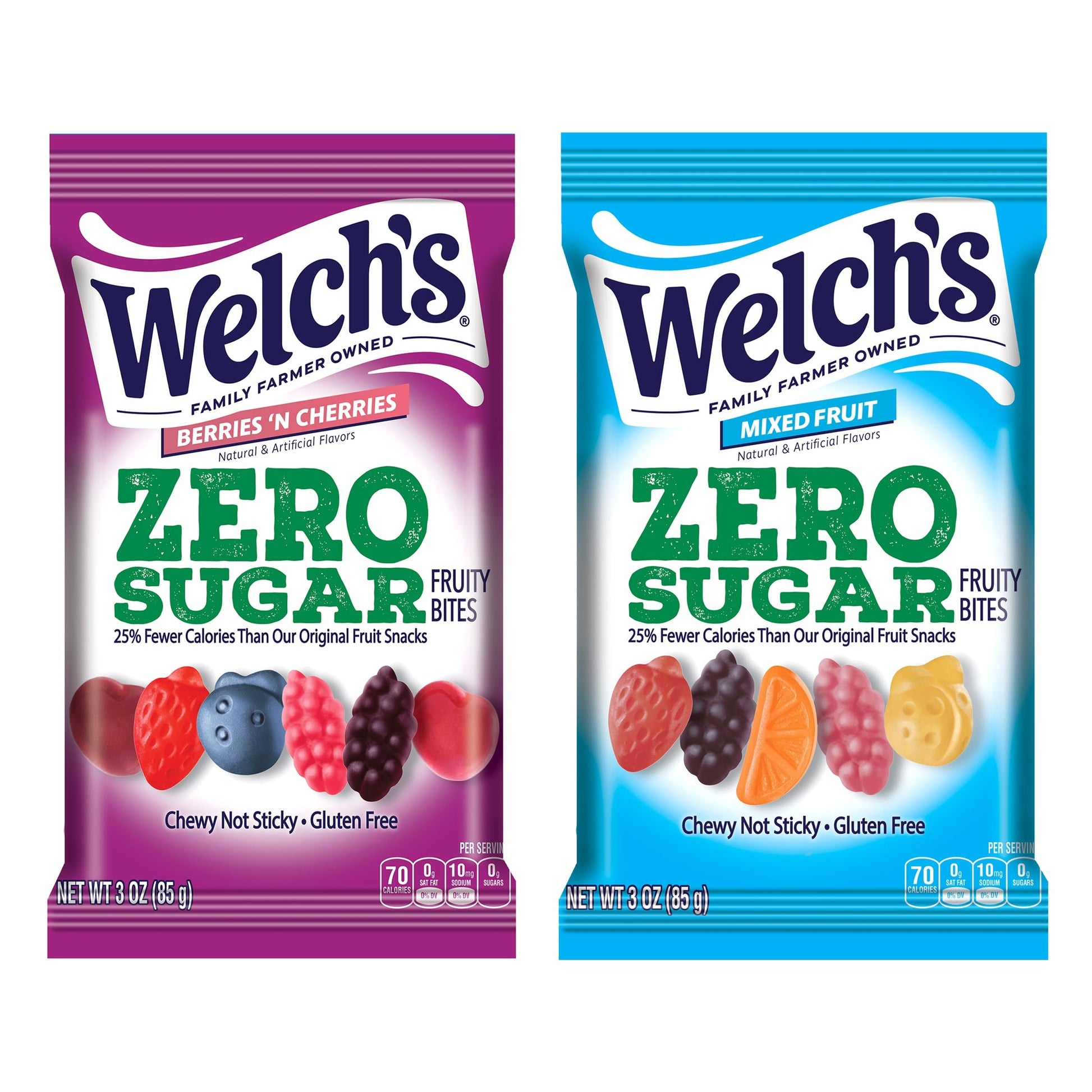 Welch’s Zero Sugar Fruity Bites, Great zero sugar snacks for the office, Mixed Fruit &amp;amp; Berries &amp;#39;N Cherries, 3 oz (Pack of 2)