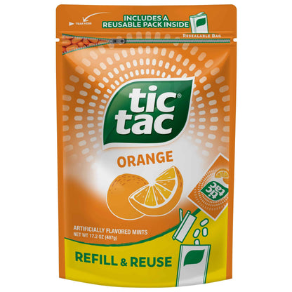 Tic Tac Bulk Orange Refill Bag, On-the-Go Pocket-Sized Mints, Includes Empty Refillable Pack, 17.2 oz