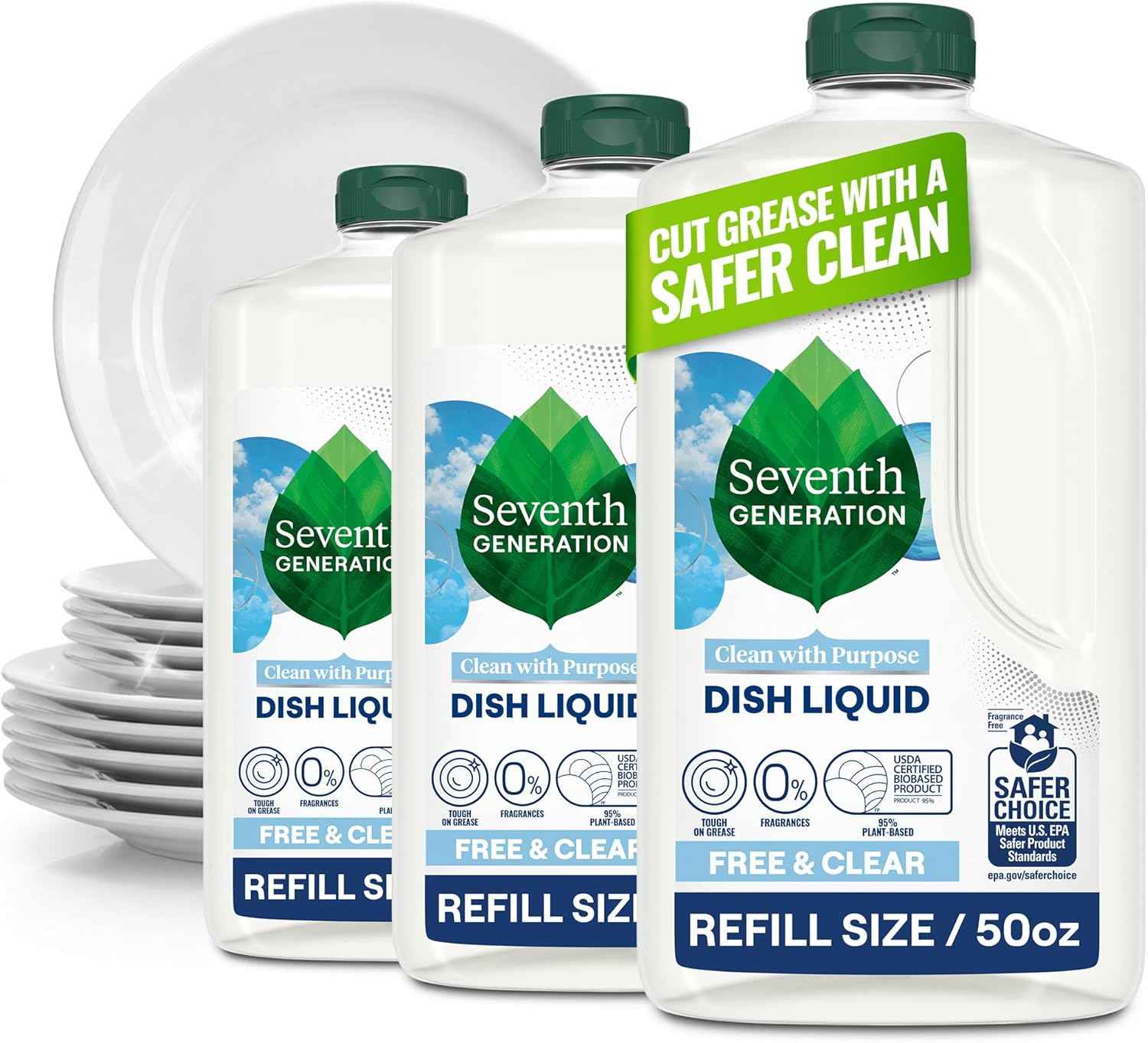 Seventh Generation Dish Soap Refill, Plant-Based Dishwashing Liquid for Grease & Tough Food Messes, For Sensitive Skin