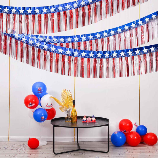 Mega-L 4th of July Decorations 40 Feet Foil Fringe Garland Tinsel Streamers, Red White and Blue Star Metallic Hanging Backdrop Banner Table Skirts for Parade Floats Memorial Day Patriotic Party