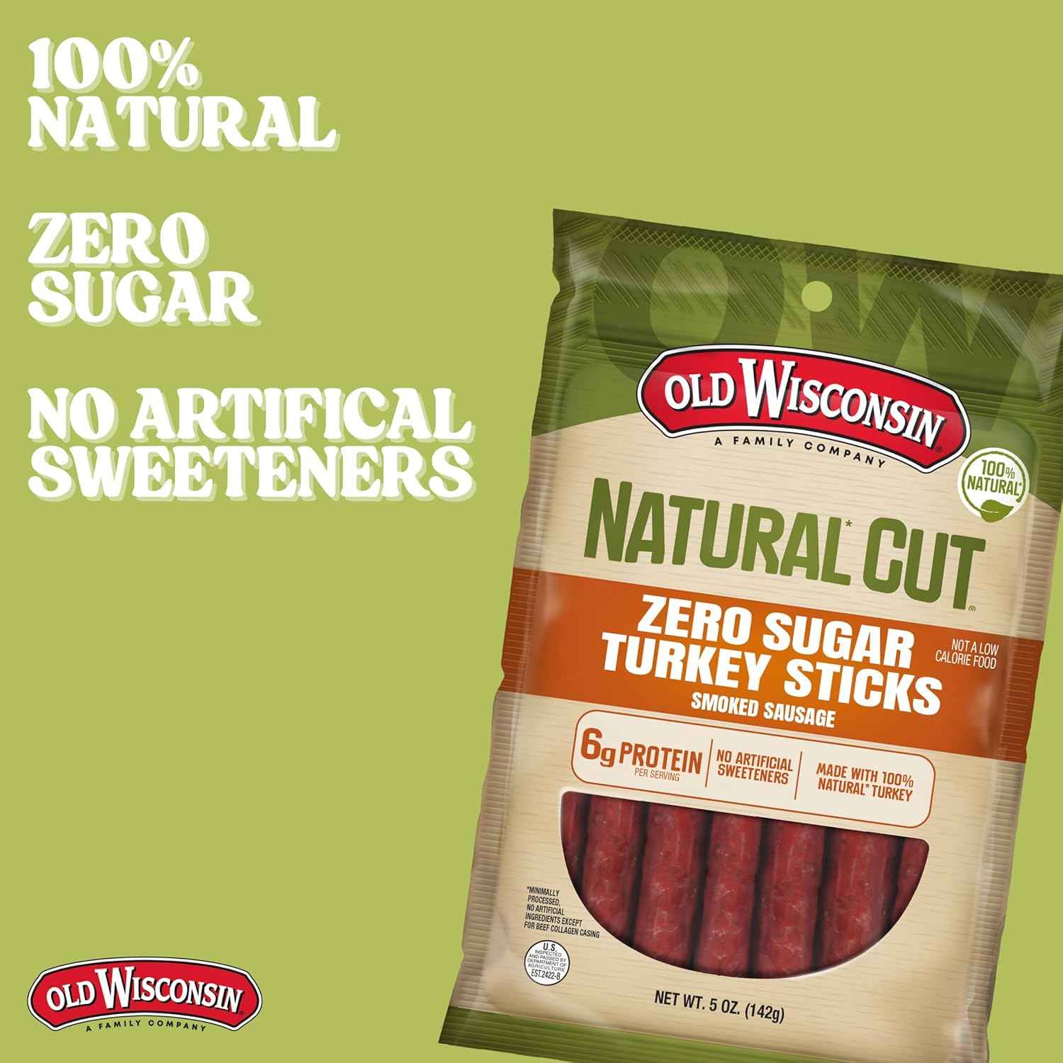 Old Wisconsin Natural Cut Turkey Sausage Snack Sticks, Zero Sugar, Naturally Smoked, Ready to Eat, High Protein, Low Carb, Keto, Gluten Free, No Artificial Preservatives or Nitrates, 5 Ounce