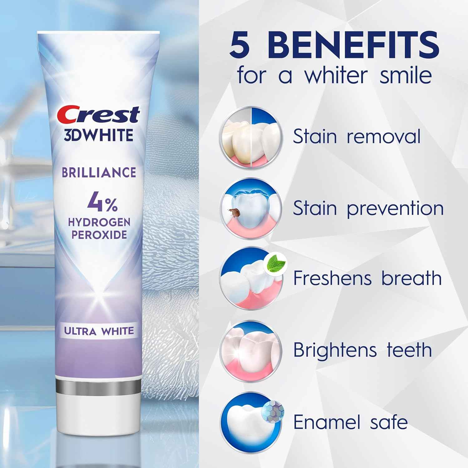 Crest 3D White Brilliance Pro Ultra White Teeth Whitening Toothpaste, 3.8 oz, Anticavity Fluoride Toothpaste, 4% Hydrogen Peroxide, Active Whitening Protection