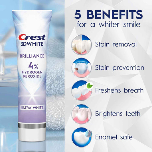Crest 3D White Brilliance Pro Ultra White Teeth Whitening Toothpaste, 3.8 oz, Anticavity Fluoride Toothpaste, 4% Hydrogen Peroxide, Active Whitening Protection