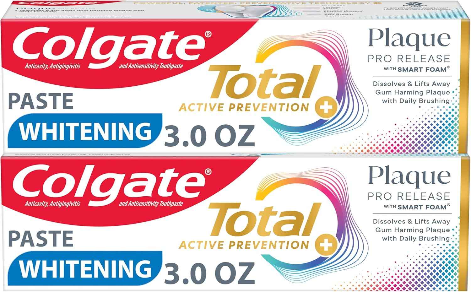 Colgate Total Plaque Pro Release Whitening Toothpaste Pack, Whitening Fluoride Toothpaste, Fights Plaque, Bad Breath, Tartar Buildup, and Helps Protect Teeth from Sensitivity, 2 Pack, 3.0 oz