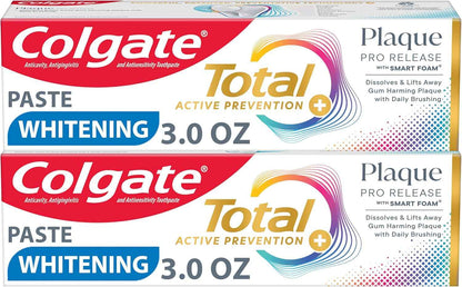 Colgate Total Plaque Pro Release Whitening Toothpaste Pack, Whitening Fluoride Toothpaste, Fights Plaque, Bad Breath, Tartar Buildup, and Helps Protect Teeth from Sensitivity, 2 Pack, 3.0 oz