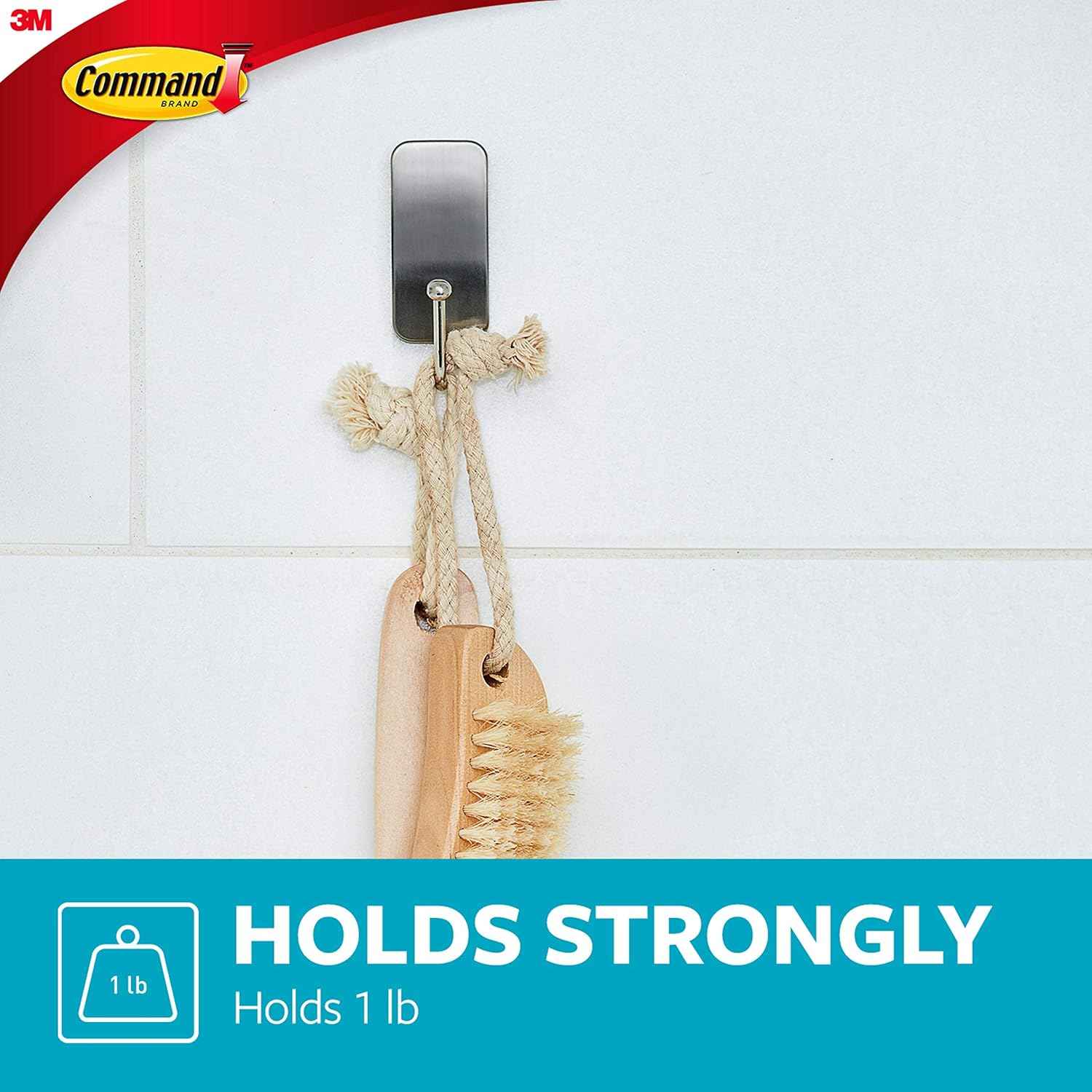 Command Small Bath Hook, Holds up to 1 lb, 1 Satin Nickel Shower Hook with 2 Water Resistant Strips, Damage-Free Bathroom Organization