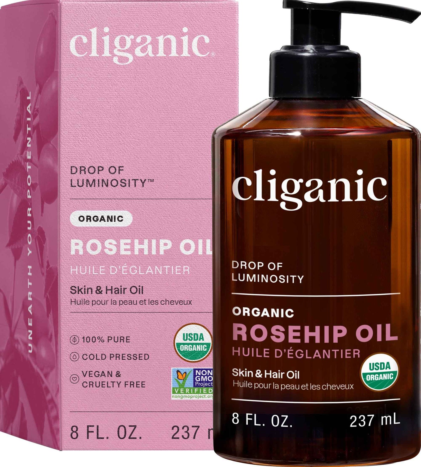 Cliganic Organic Rosehip Seed Oil for Face, 100% Pure | Natural Cold Pressed Unrefined Non-GMO | Carrier Oil for Skin, Hair & Nails
