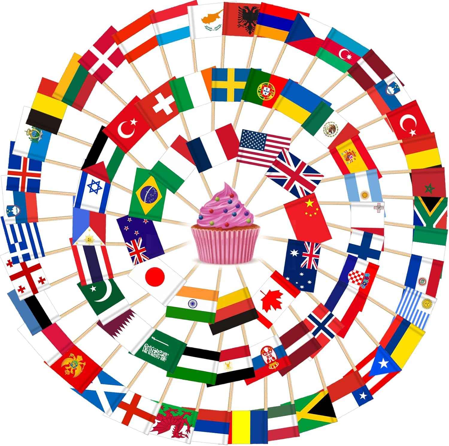 AhfuLife Different Countries Toothpick Flag, 100 Pcs Mini Flags on Sticks for World Cup, Flag Cupcake Toppers for Olympics Party Decorations, International Toothpick Flags Cocktail Picks