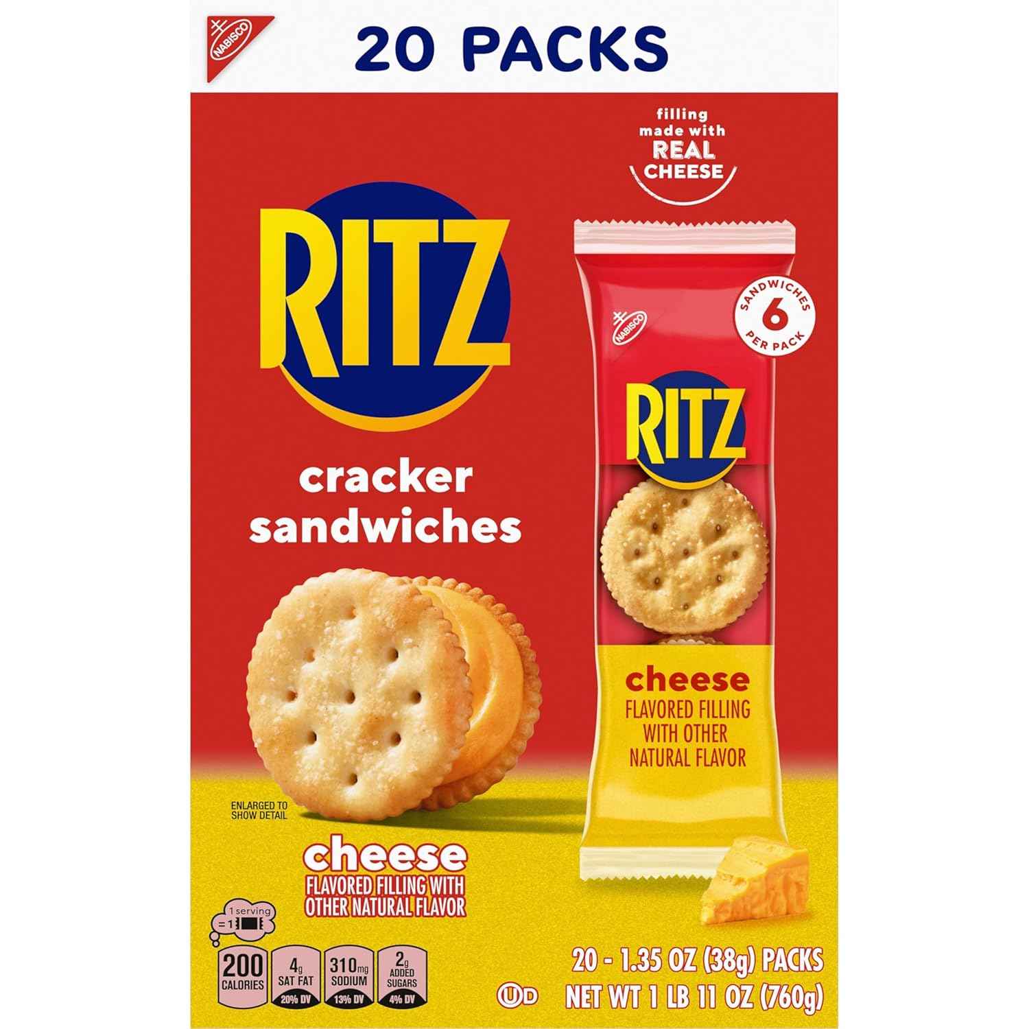 RITZ Cheese Sandwich Crackers, Lunch Snacks, 20 Snack Packs (6 Crackers Per Pack)