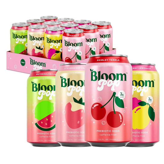 Bloom Pop Prebiotic Soda 12 Pack, 12oz Cans | Soda for Gut Health, Low Calorie, No Caffeine, Healthy Soft Drink Alternative