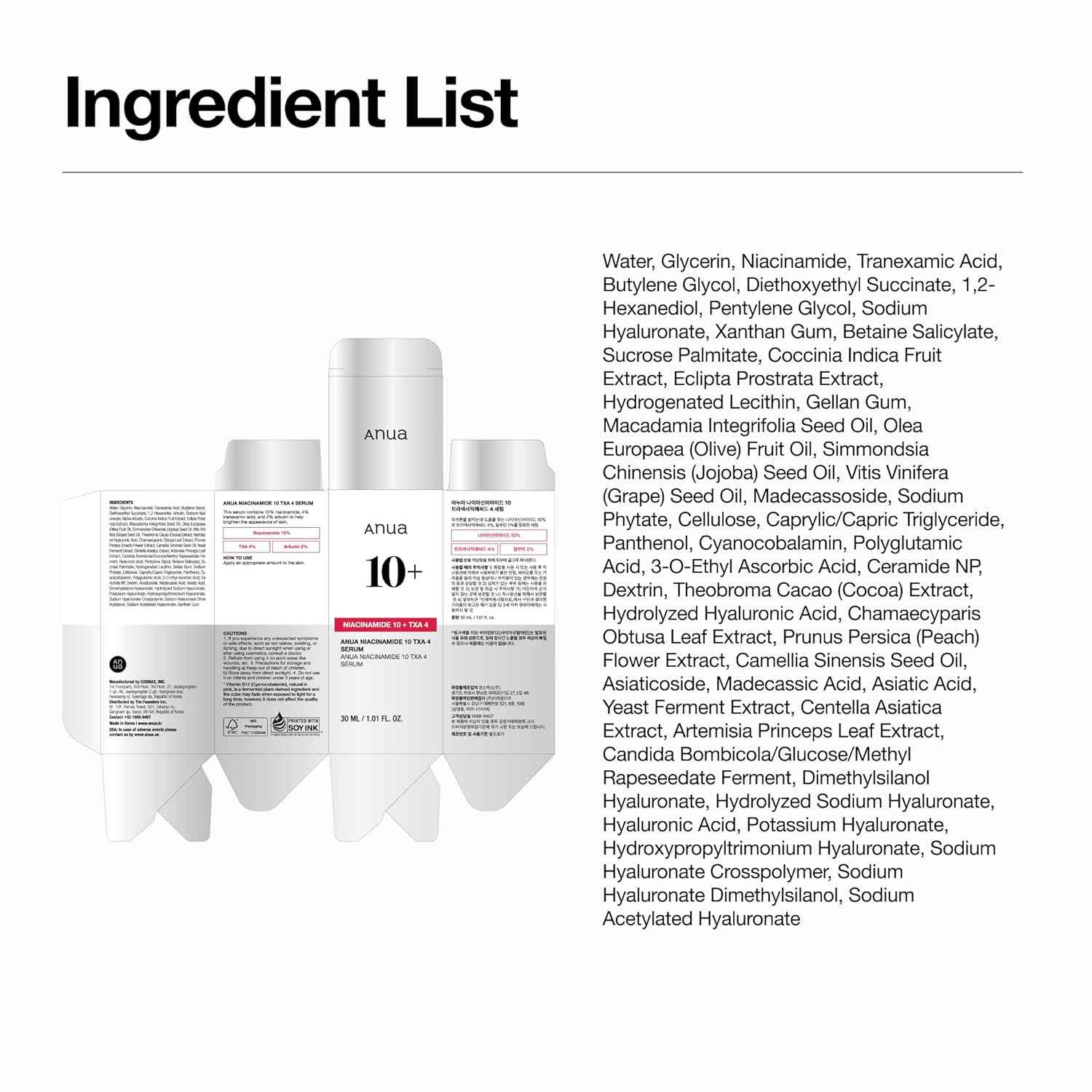 Anua Niacinamide 10 + TXA 4 Serum, Dark Spot Care, Hyaluronic Acid, Tranexamic Acid, Lightweight & Hydrating All-in-One Daily Facial Serum for Glass Skin, Korean Skincare, 1.01 fl.oz