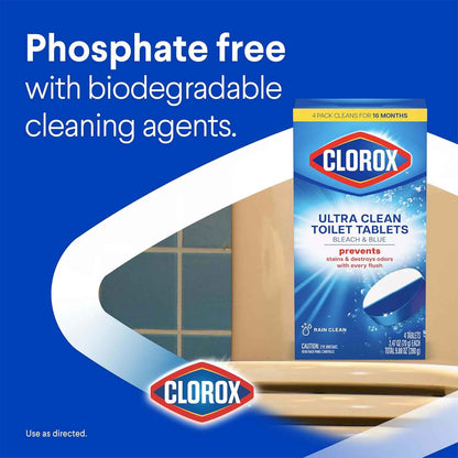 Clorox Ultra Clean Toilet Tablets Bleach & Blue, Rain Clean Scent, 2.47 Ounces Each