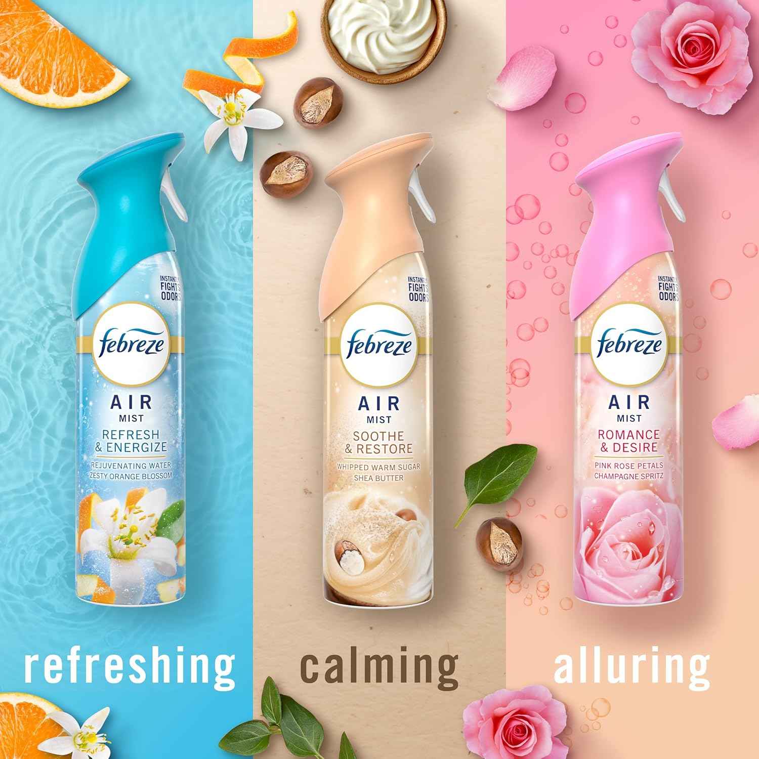 Febreze Air Mist, Air Freshener, Odor Fighting Room Spray, Deodorizer for Home Bathroom Kitchen Office Apartment, Soothe & Restore, Refresh & Energize, Romance & Desire Variety Pack