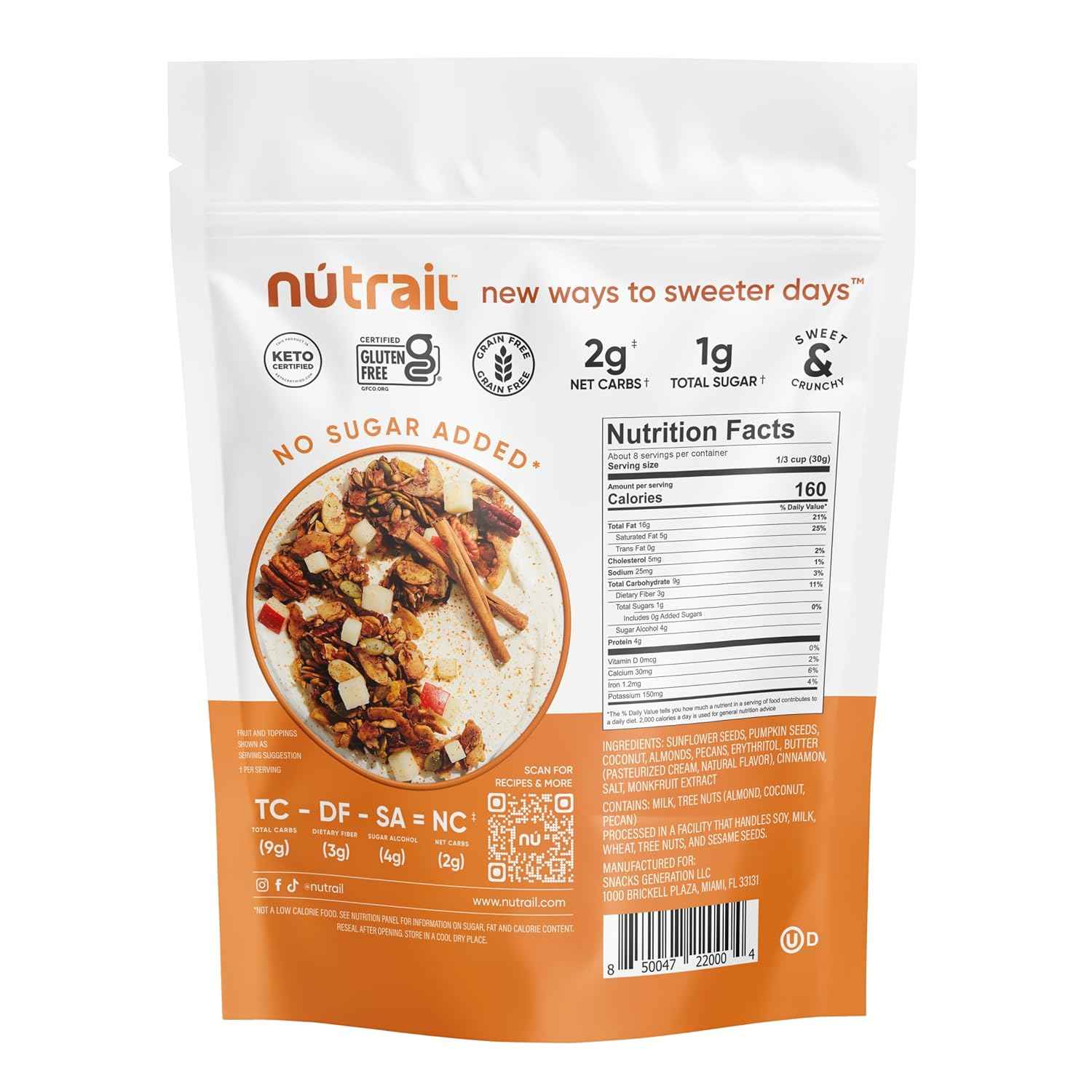 NuTrail Nut Granola Cereal, Cinnamon Pecan, No Sugar Added, Gluten Free, Grain Free, Keto, Low Carb, Healthy Breakfast 8 oz