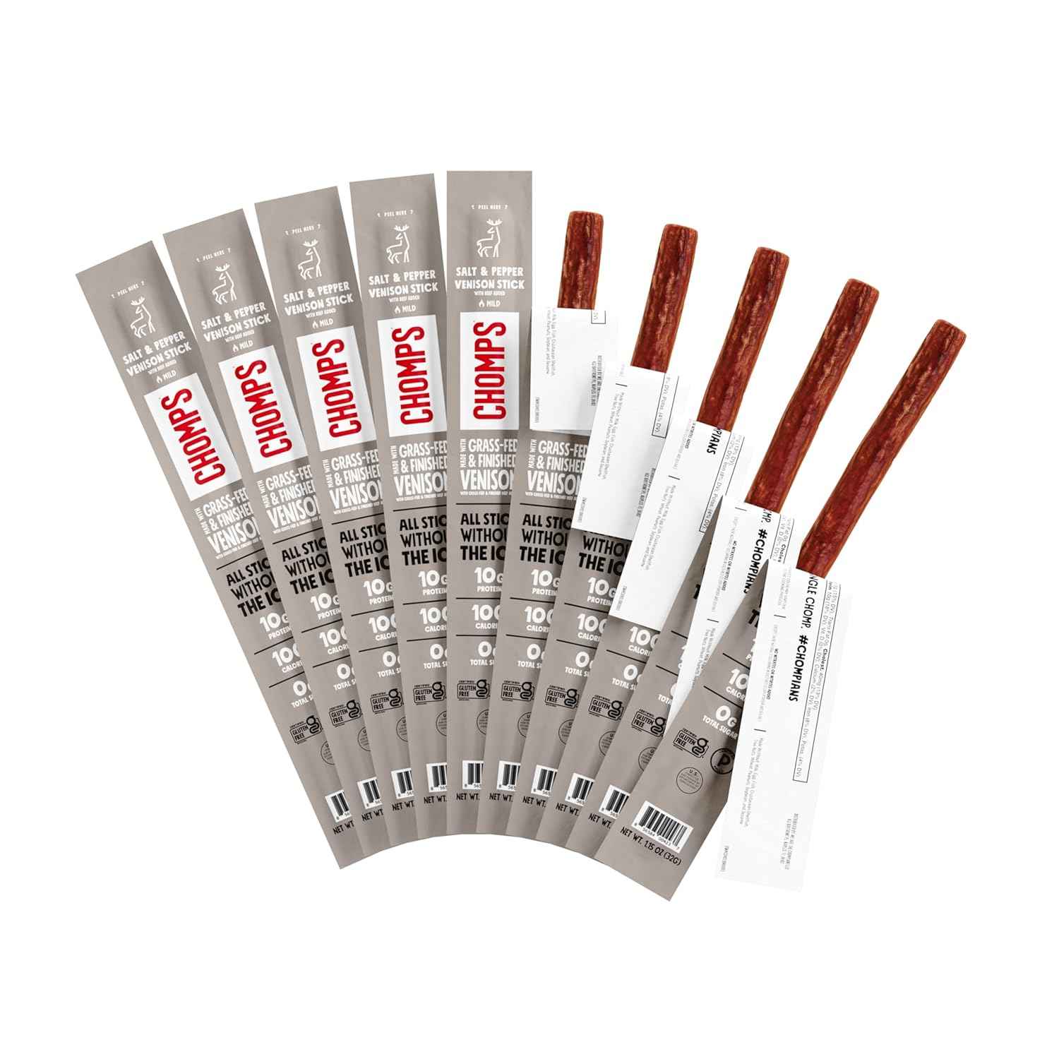 Chomps Grass-Fed & Finished Salt & Pepper Venison Jerky Meat Snack Sticks  - Keto, Paleo, Low Carb, Whole30 Approved, 10g Lean Meat Protein, Gluten Free, Zero Sugar Food