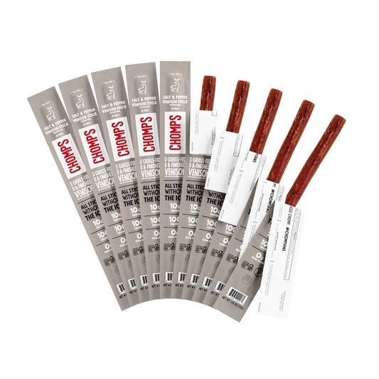 Chomps Grass-Fed & Finished Salt & Pepper Venison Jerky Meat Snack Sticks  - Keto, Paleo, Low Carb, Whole30 Approved, 10g Lean Meat Protein, Gluten Free, Zero Sugar Food