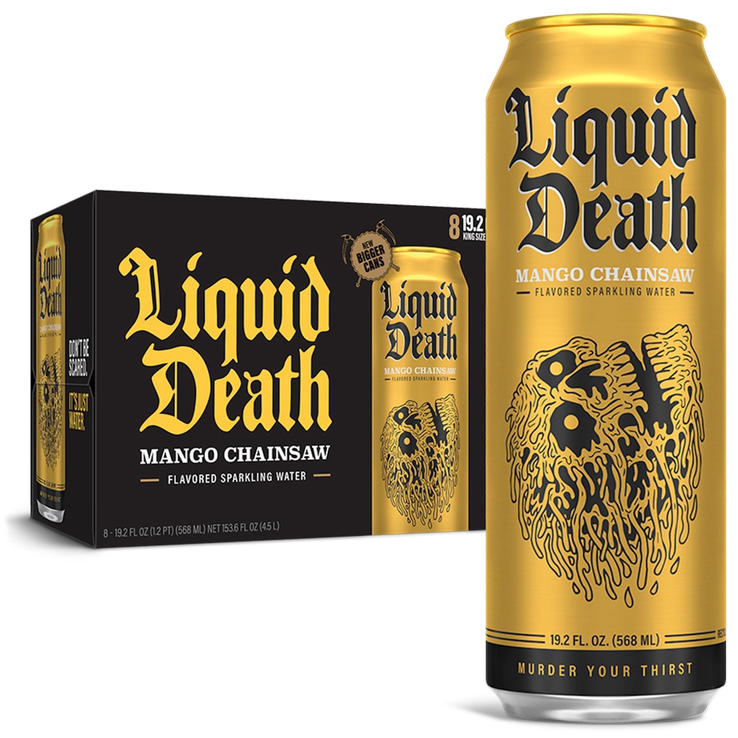 Liquid Death, Mango Chainsaw, Mango-Flavored Sparkling Water, 8-Pack (19.2oz Cans), Low Calorie &amp;amp; No Artificial Sweeteners