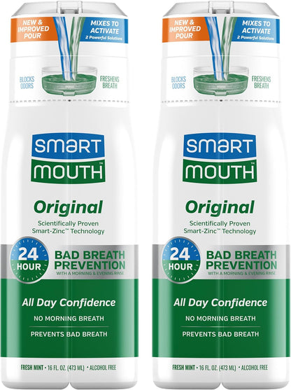 SmartMouth_Original_Zinc_Activated_Mouthwash_-_Instant_Fresh_Breath_Mouthwash_-_Eliminates_Bad_Odors_and_Bad_Breath_-_Alcohol-Free,_Sugar-Free,_Gluten-Free_-_Fresh_Mint_-_16_fl_oz_(2_Pack)