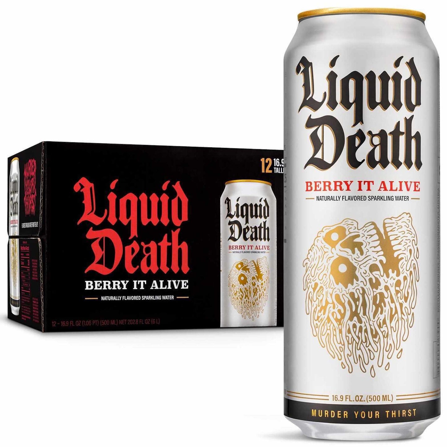Liquid Death Flavored Sparkling Water with Agave, Berry It Alive, 16.9 oz Tallboys (12-Pack)