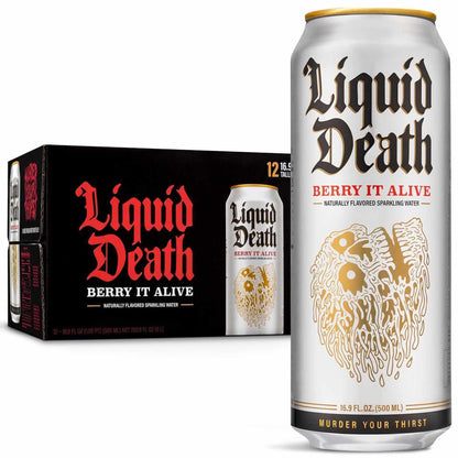 Liquid Death Flavored Sparkling Water with Agave, Berry It Alive, 16.9 oz Tallboys (12-Pack)