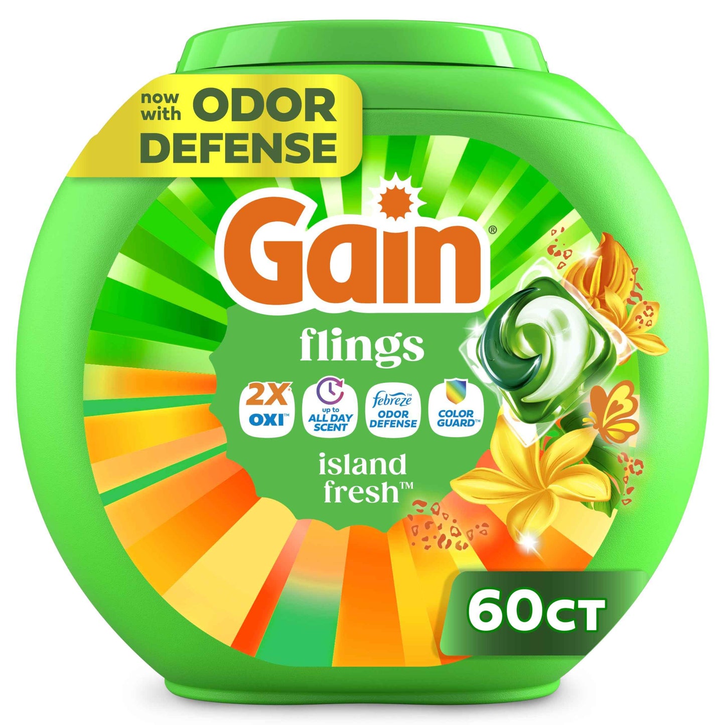 Gain Flings Liquid Washing Detergent Pacs with Odor Defense + Color Guard, 4-In-1 Liquid Laundry Detergent Pods, Clean & Fresh
