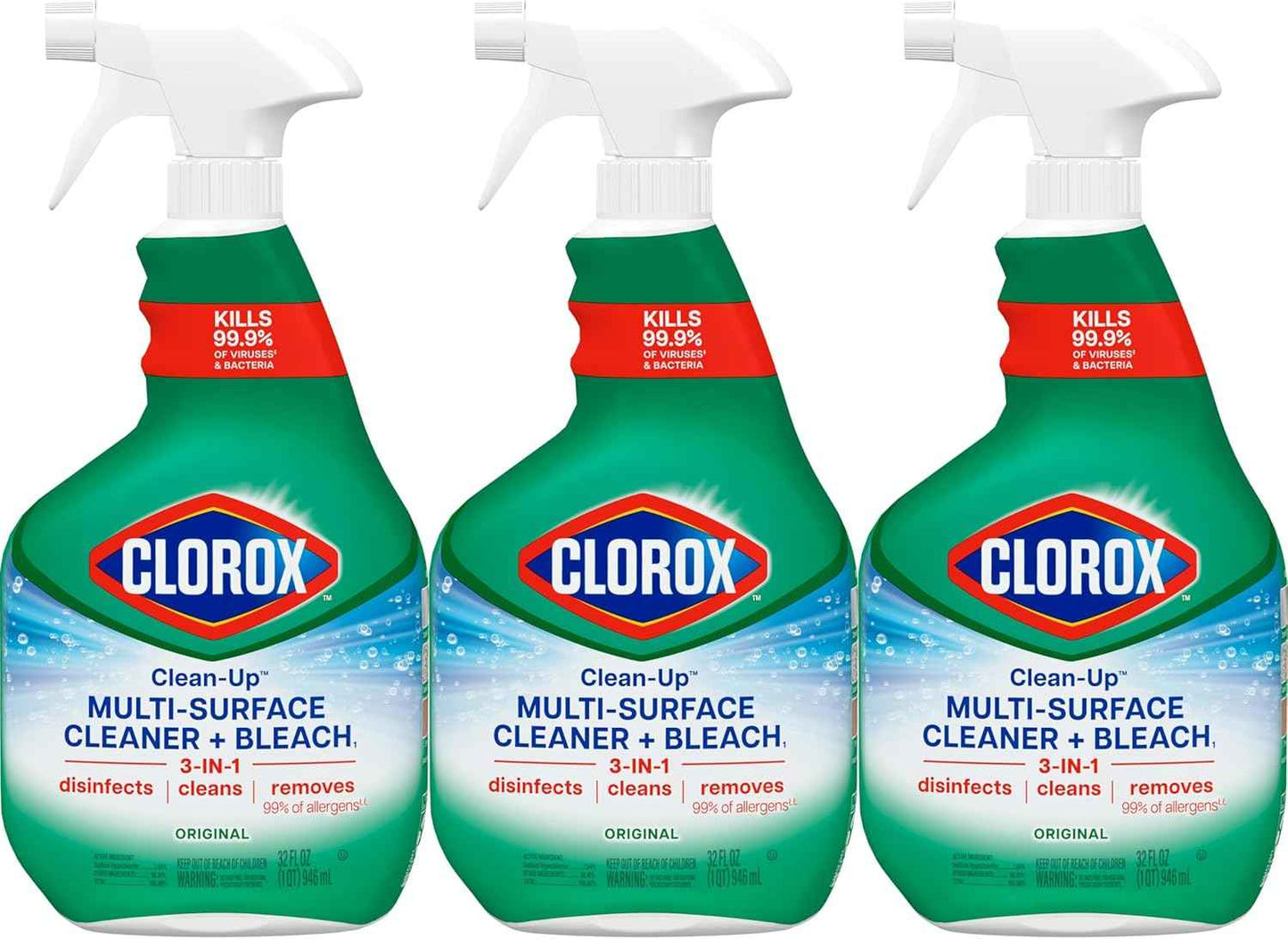 Clorox Clean-Up Multi Surface Cleaner Bleach Spray, Original, All Purpose Cleaning Spray Bottle, Mold and Mildew Cleaner, 32 Fl Oz., Pack of 3