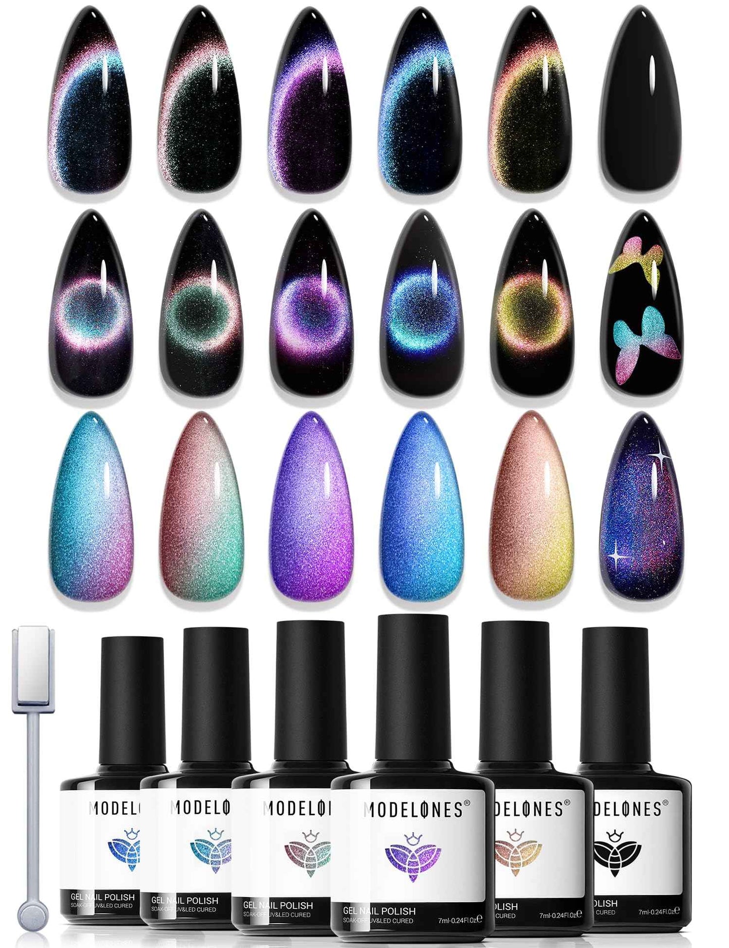 modelones Cat Eye Magnet Set, 15PCS French Cateye Gel Nail Polish Magnet Nail Art Tools Set Heart Magnet for Cat Eye Magnet Square Round Magnet Stick Diverse Glassy Cateye Effect for Women