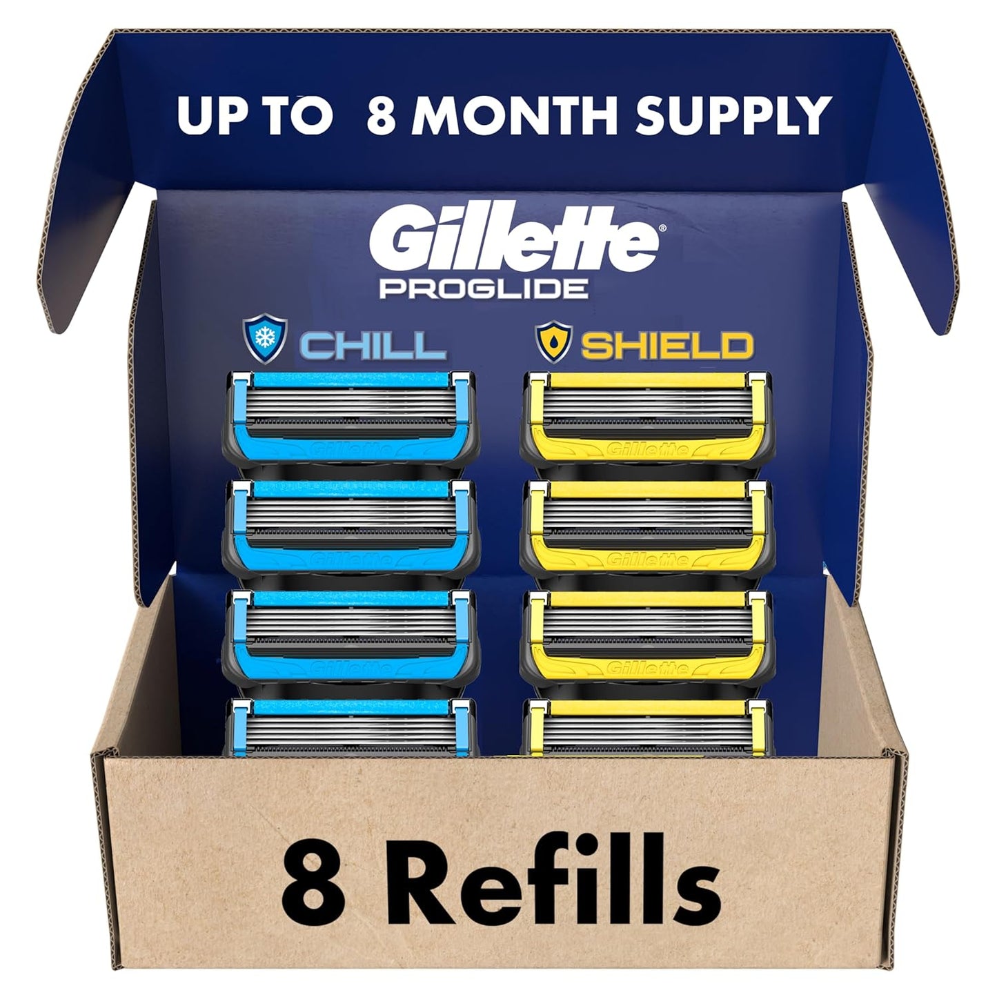 Gillette_Mens_Razor_Blade_Refills,_4_ProGlide_Chill_Cartridges,_4_ProGlide_Shield_Cartridges,_Shields_against_Skin_Irritation,_Cools_to_sooth_skin,_8_Count_(Pack_of_1)